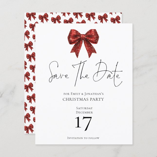 Budget Red Glitzer Bow Weihnachten Save the Date (Vorne/Hinten)