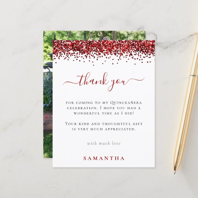 Budget Red Glitzer Foto Quinceanera Vielen Dank (Vorderseite/Rückseite Beispiel)
