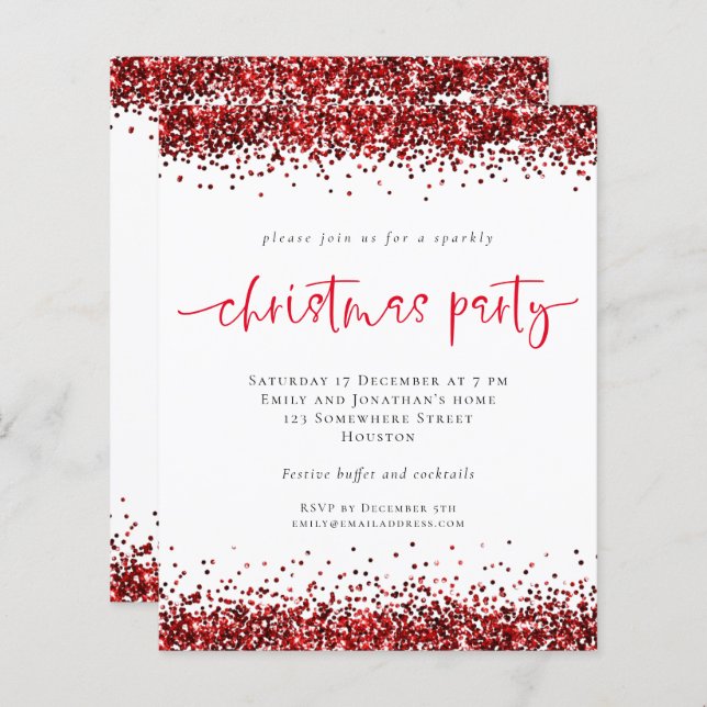 Budget Red Glitzer Script Weihnachts-Party Einladu (Vorne/Hinten)