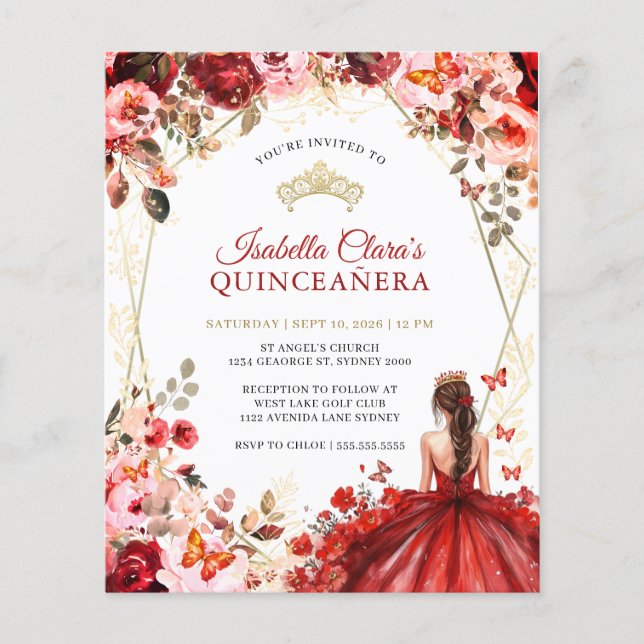Budget Red Gold Floral Princess Quinceanera (Vorderseite)