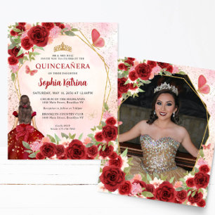 Budget Red Gold Floral Princess Quinceañera Foto