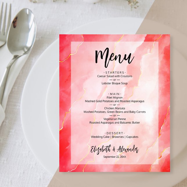 Budget Red Gold Marble Wedding Menu Flyer (Von Creator hochgeladen)
