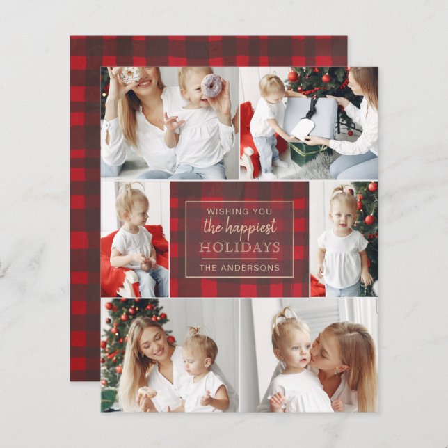 Budget Red Kariert 6 Fotos Collage Holiday Card (Vorne/Hinten)