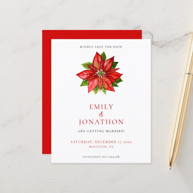 Budget Red Poinsettia Wedding Save the Date (Vorderseite/Rückseite Beispiel)