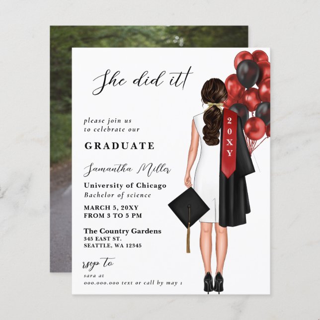 Budget Red Simple Foto Sie tat es Abschluss (Vorne/Hinten)