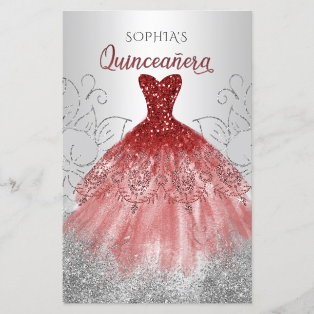 Budget Red Sparkle Dress Quinceañera Einladung (Vorderseite)
