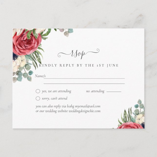 Budget Red White Blue Floral Wedding RSVP Postkarte (Vorderseite)