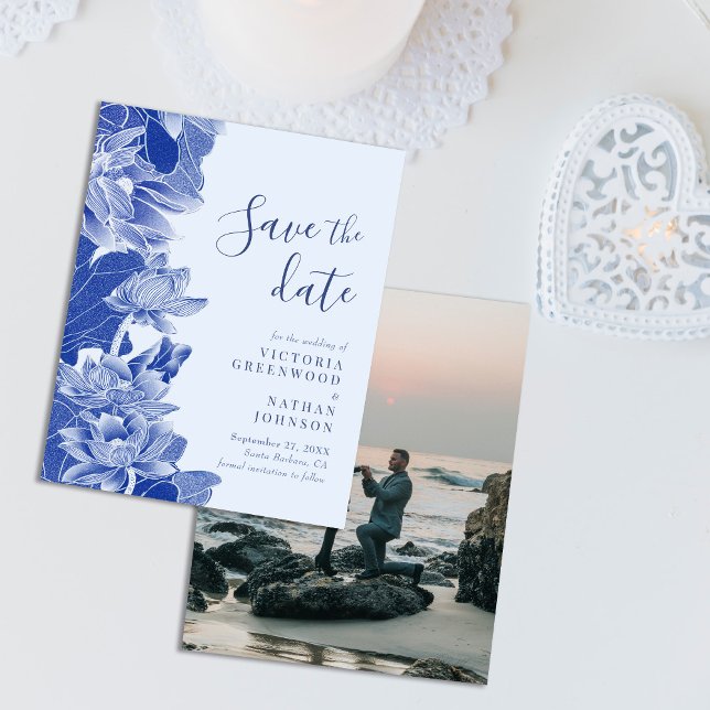 Budget Retro Blue Floral mit Foto Save the Date (Von Creator hochgeladen)