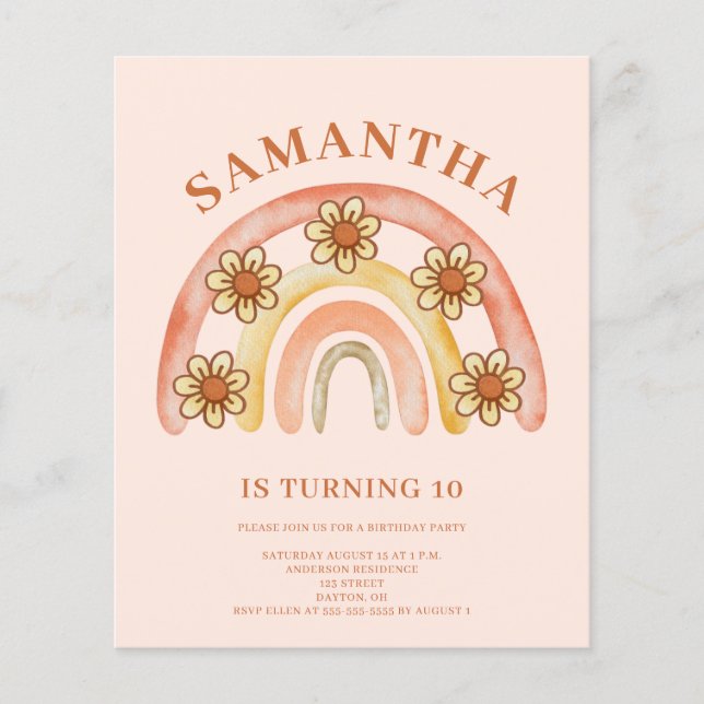 Budget Retro Boho Rainbow 10. Geburtstag Einladung Flyer (Vorne)