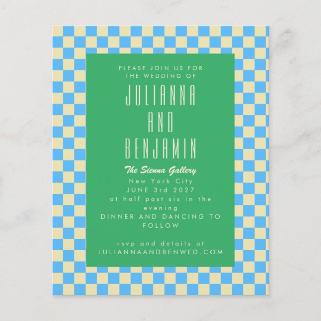 Budget Retro Checkerboard Blue Green Wedding (Vorderseite)