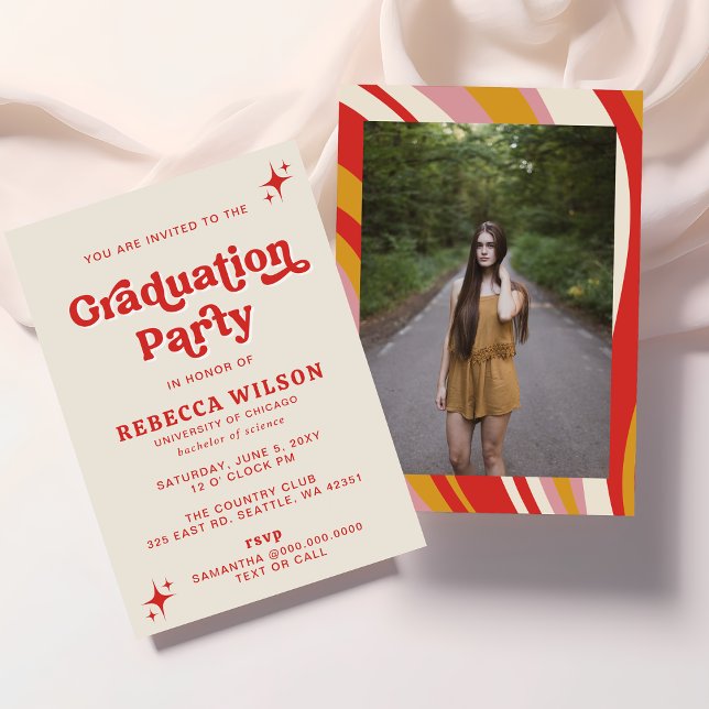 Budget Retro Groovy Red 70er Graduation Party Foto (Retro Groovy Ivory Red 70s Graduation Party  Photo Invitation)