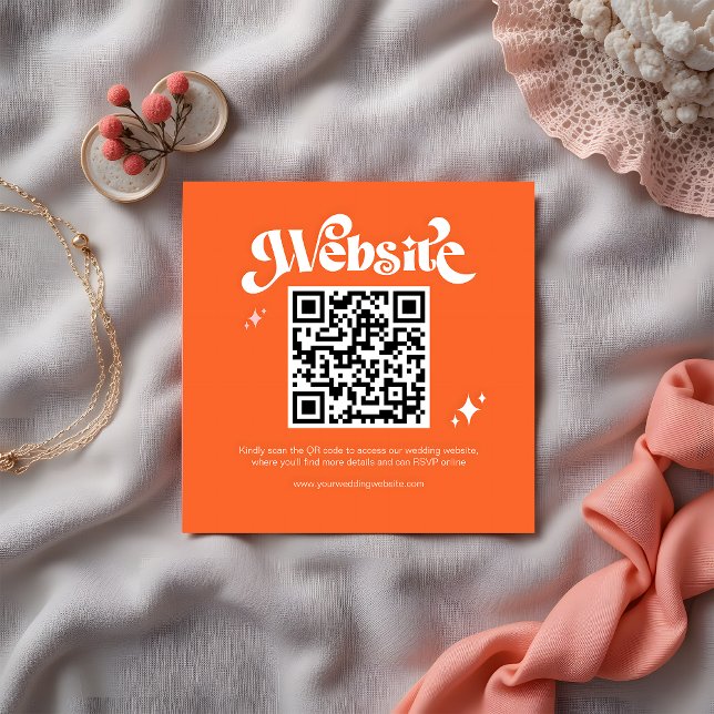 Budget Retro Groovy Script QR Code Wedding Website Begleitkarte (Von Creator hochgeladen)