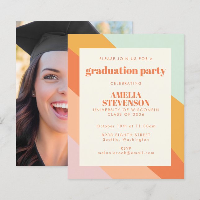 Budget Retro Streifen Foto Grad Party Einladung (Vorne/Hinten)