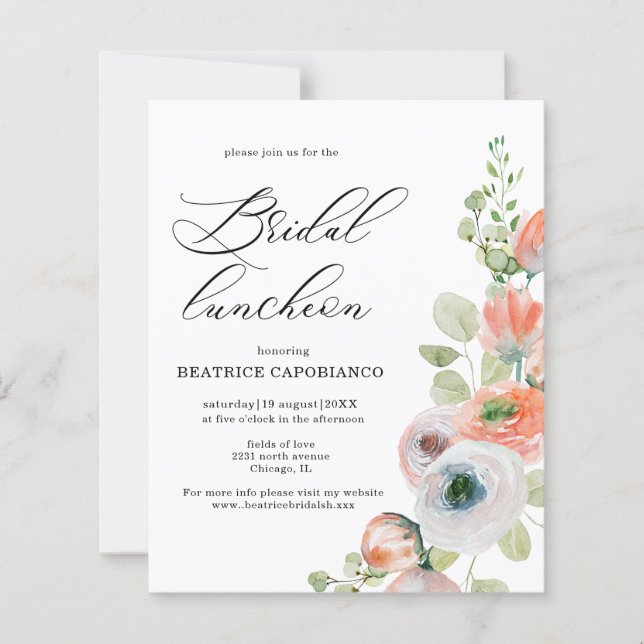 Budget  Romantic Coral Floral Bridal Luncheon Card (Vorderseite)