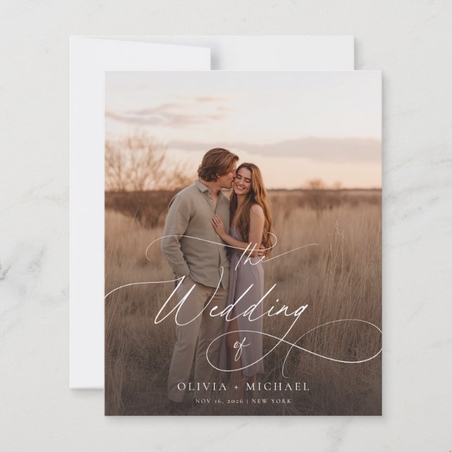 Budget Romantic Script Boho Wedding Foto lädt ein (Vorderseite)