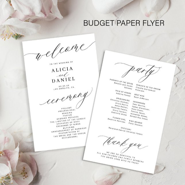 Budget romantisches schwarz-weiß Hochzeitsprogramm (Von Creator hochgeladen)