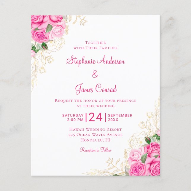 Budget Rosa Aquarellblume Einladung zur Hochzeit (Vorderseite)