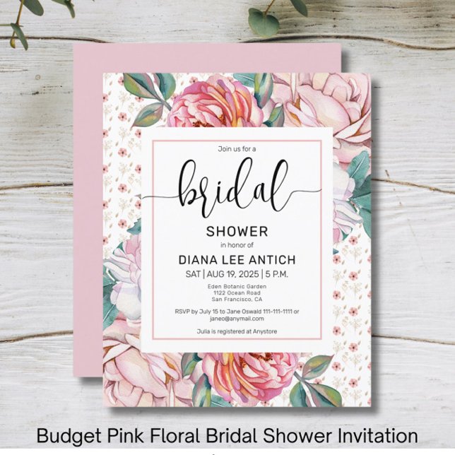Budget Rosa Blumen Hochzeitsdusche-Einladung (Von Creator hochgeladen)