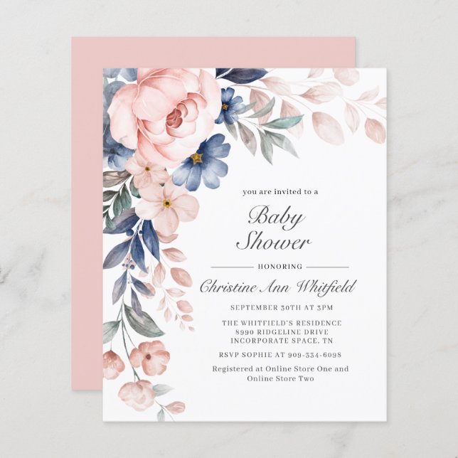 Budget Rosa Blumendusche Einladung (Vorne/Hinten)