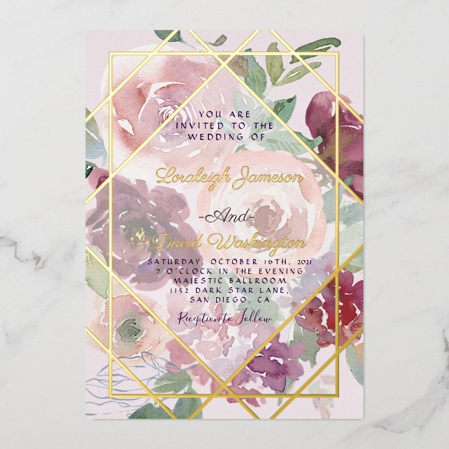 Budget Rosa Blüten und Gold geometrisch Folieneinladung (Vorderseite)