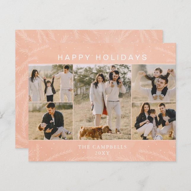 Budget Rosa Botanische 5 Foto Collage Holiday Card (Vorne/Hinten)