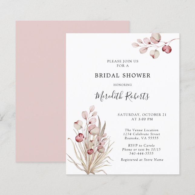 Budget Rosa Eukalyptus Palm Brautparty Einladung (Vorne/Hinten)