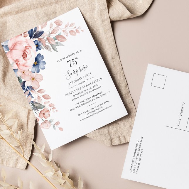 Budget Rosa Floral 75. Geburtstag Einladung (Pink Floral Watercolor 75th Birthday Party Invitation Postcard)