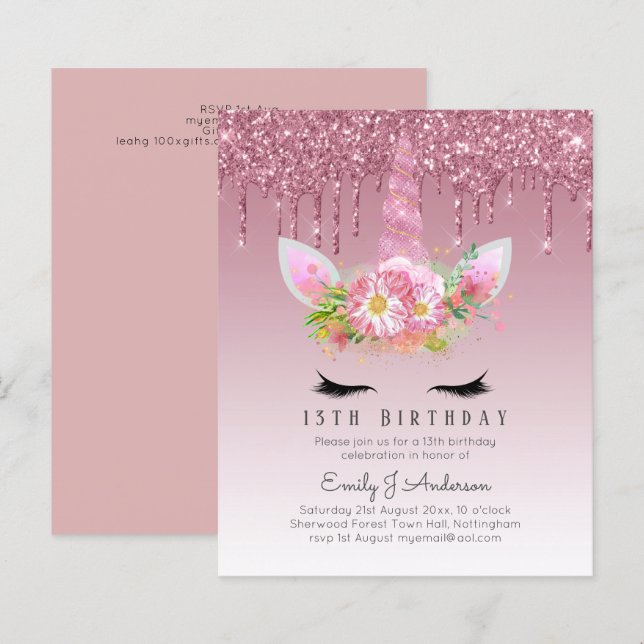 BUDGET Rosa Glitzer Einhorn Girls Birthday Einladu (Vorne/Hinten)