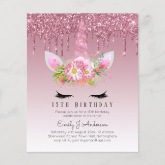 BUDGET Rosa Glitzer Einhorn Girls Birthday Einladu Flyer