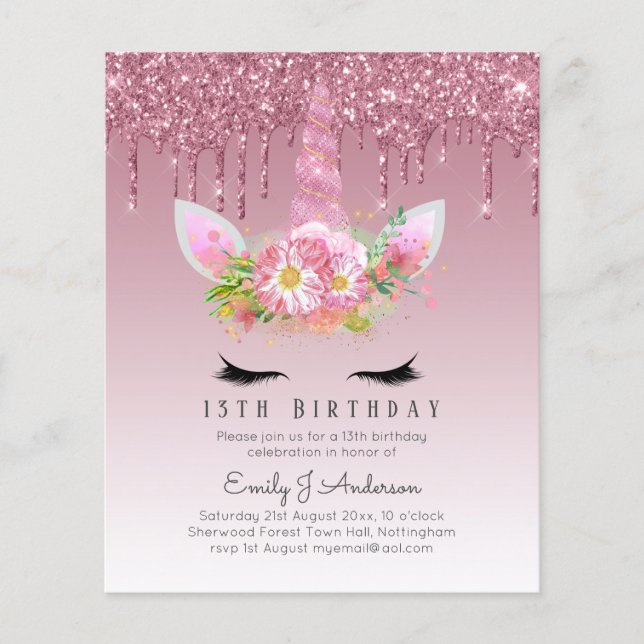 BUDGET Rosa Glitzer Einhorn Girls Birthday Einladu Flyer (Vorne)