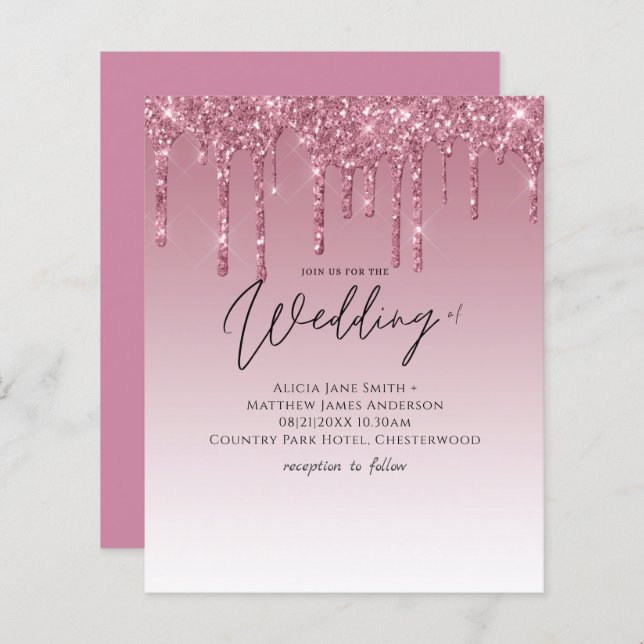 BUDGET Rosa Glitzer Hochzeitseinladungen (Vorne/Hinten)