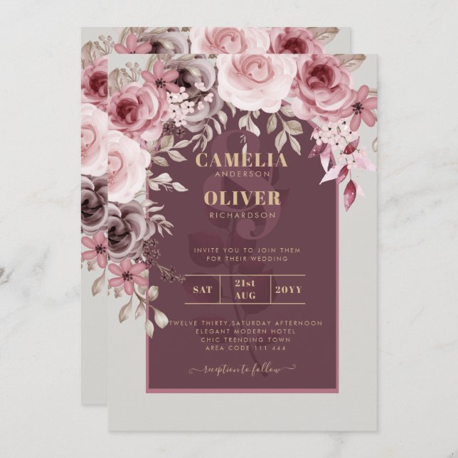 BUDGET Rosa Maroon Wine Floral Wedding INVITE Einladung (Vorne/Hinten)