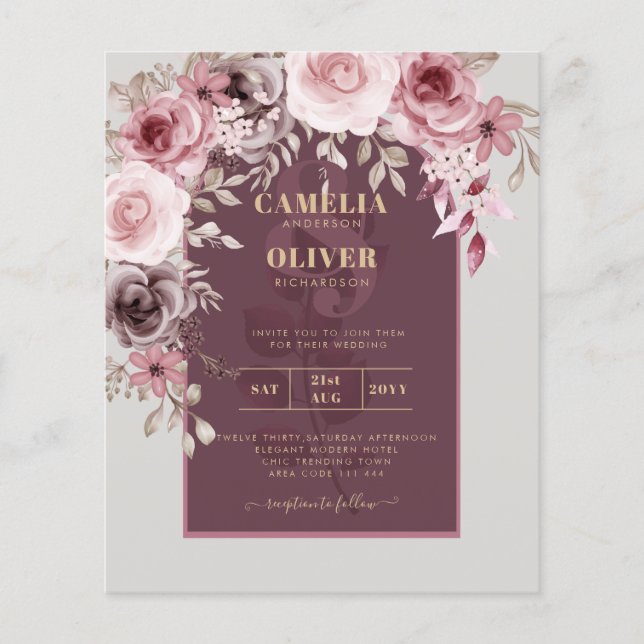 BUDGET Rosa Maroon Wine Floral Wedding INVITE Flyer (Vorne)