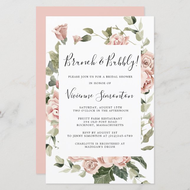 Budget Rosa Rose Blumenbrunch Einladung (Vorne/Hinten)