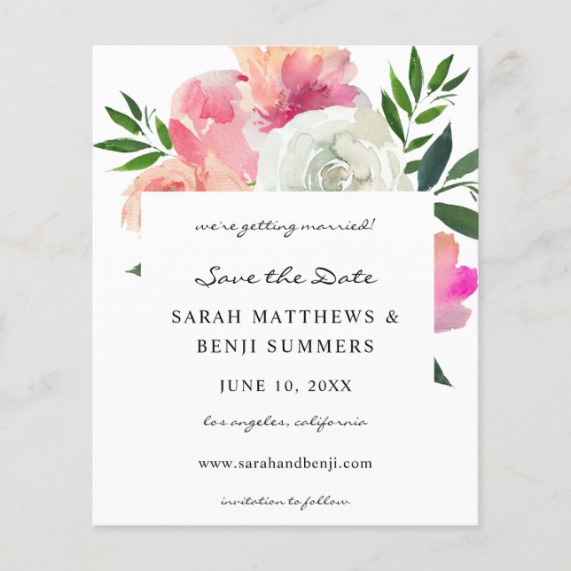 Budget Rosa und Weiß Graue Blüten Save the Date V2 Flyer (Vorne)