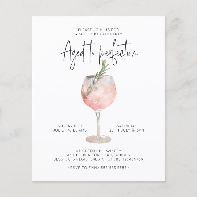 Budget Rosa Wein Alter bis Perfektion 60. Geburtst Flyer (Vorne)