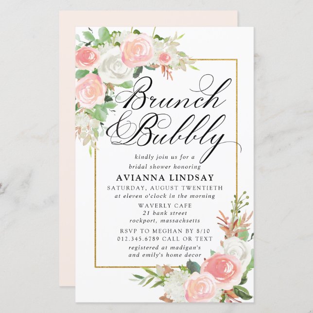 Budget Rosa Weißer Blumenbrunch Bubbly Einladung (Vorne/Hinten)