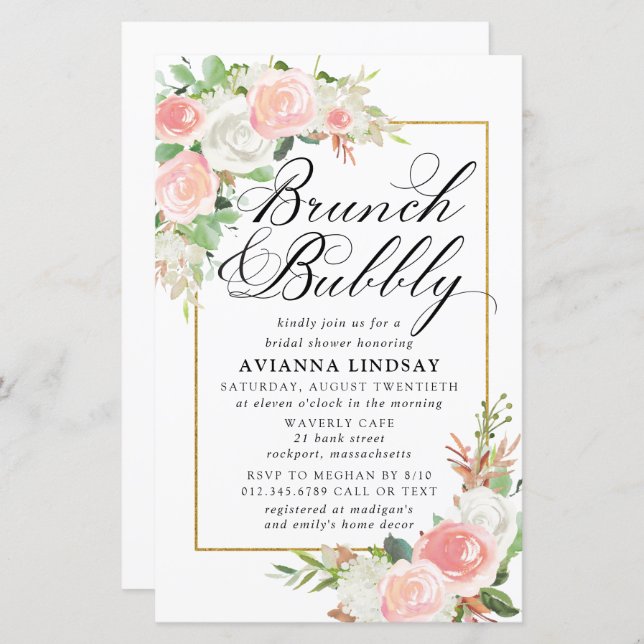 Budget Rosa Weißer Blumenbrunch Bubbly Einladung (Vorne/Hinten)