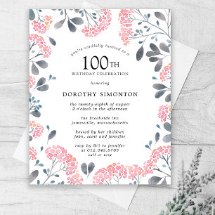 Budget Rosa Wildblume 100. Geburtstag Einladung