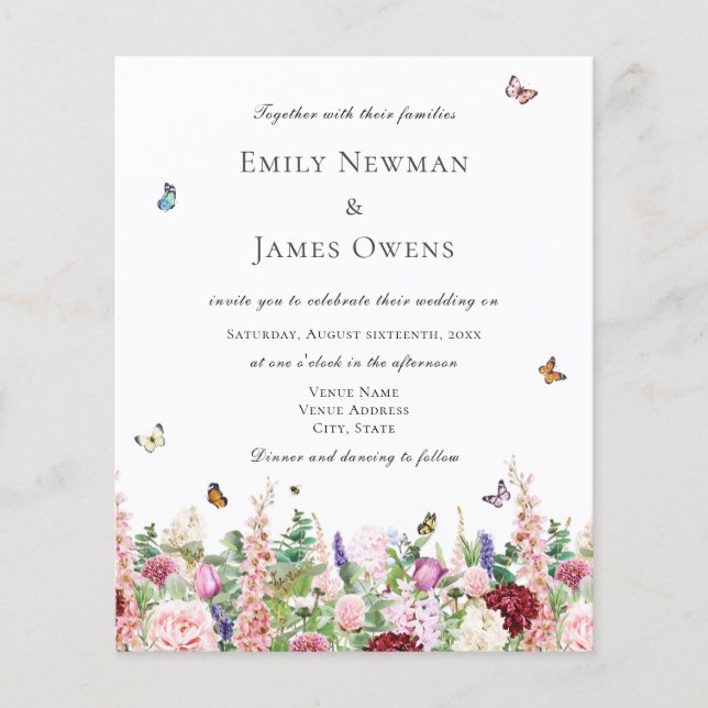 Budget Rosa Wildblumen und Schmetterlinge Hochzeit (Vorderseite)