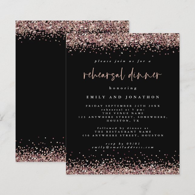 Budget Rose Glitzer Schwarze Probe Einladung (Vorne/Hinten)
