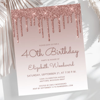 Budget Rose Gold 40. Geburtstag Party Einladung