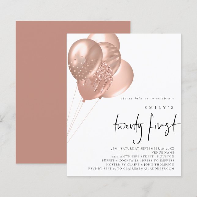 Budget Rose Gold Balloons Script 21. Party Einladu (Vorne/Hinten)