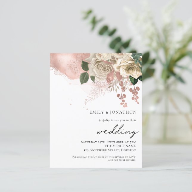 Budget Rose Gold Champagne Florals Wedite Einladun (Stehend Vorderseite)