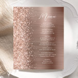 Budget Rose Gold Glam Glitzer Skriptmenü Hochzeit<br><div class="desc">Dieses elegante,  moderne Hochzeitsmenü verfügt über einen Diamant-Glitzer-Rahmen in Imitaten auf einer Rose Gold Imitate gebürstete Metall Hintergrund. Der benutzerdefinierbare Text kombiniert weiße Handschriftenschrift und serifenlose Schriftart. Die Rose goldgebürstetes Metall und Glitzer Design wiederholt sich auf der Rückseite.</div>