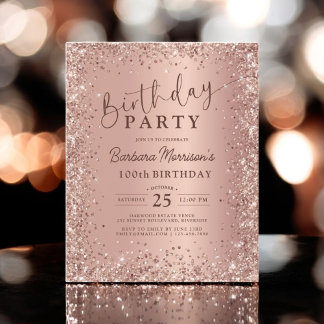 Budget Rose Gold Glitzer 100. Geburtstag Einladung