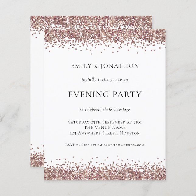BUDGET Rose Gold Glitzer Abend Party Einladung (Vorne/Hinten)