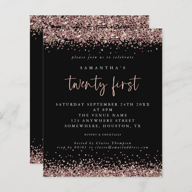 Budget Rose Gold Glitzer Black 21. Party Einladung (Vorne/Hinten)