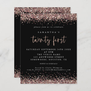 Budget Rose Gold Glitzer Black 21. Party Einladung