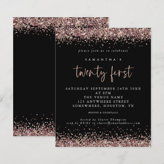 Budget Rose Gold Glitzer Black 21. Party Einladung